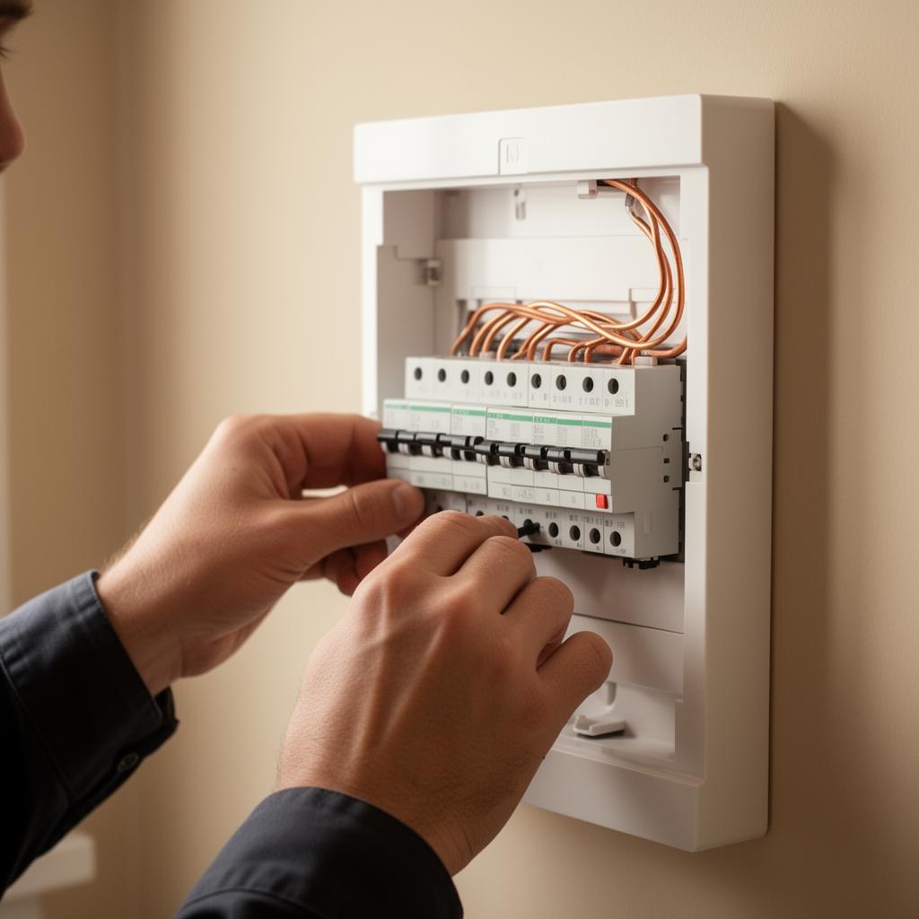Elektriker installerar modern elcentral med kopparledningar