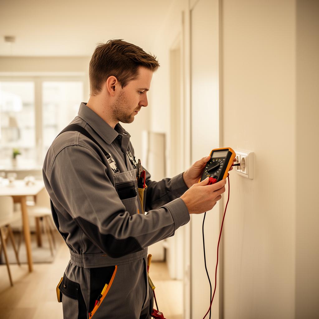 Elektriker felsöker eluttag med multimeter i ljus skandinavisk bostad